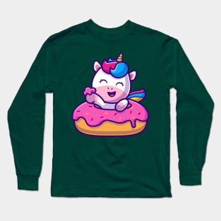 Cute Unicorn Eating Doughnut Cartoon Long Sleeve T-Shirt